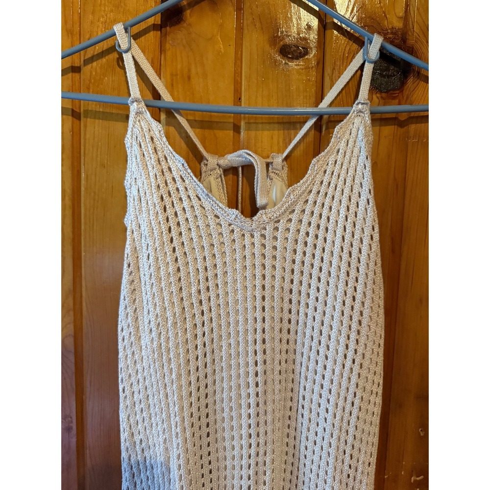 Boho knit Crochet Staccato Dress Tie StrapSleeveless Tan Resort Vacay Size Large - Picture 5 of 5